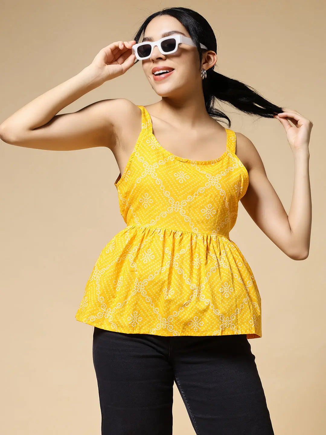 Istyle Can Bandhej Yellow Jaipuri Cotton Printed Scoop Neck Strappy Sleeveless Top for Women My Store Main image