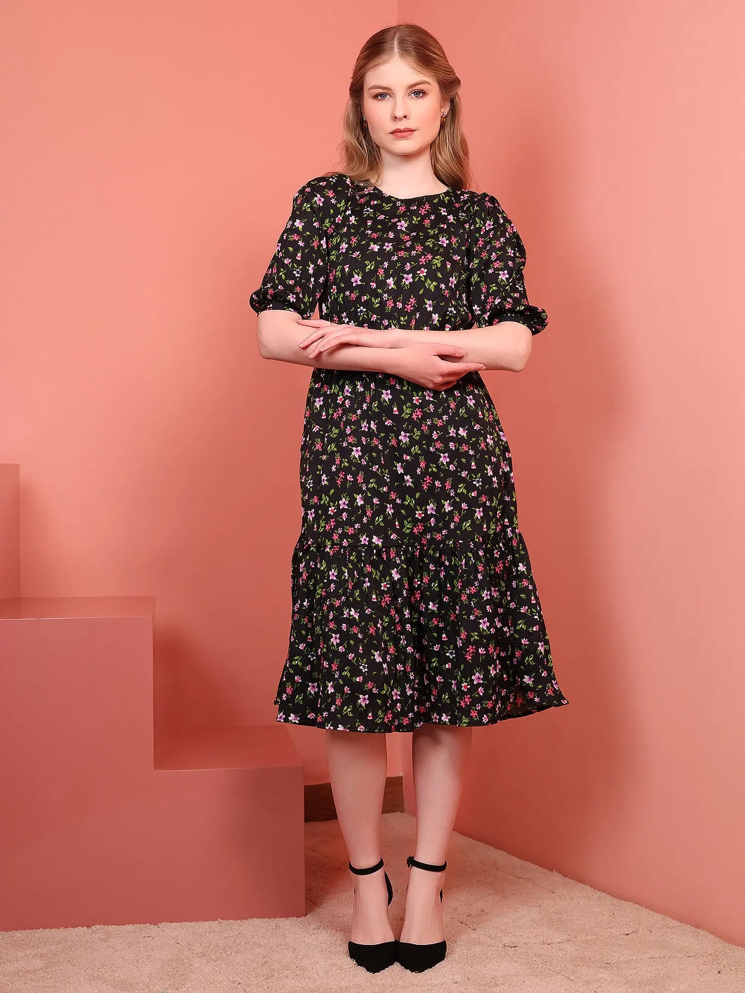 Black Printed Puff Sleeve Crepe Fit & Flare Midi Dress with Round Neck, Short Sleeves, Gathered Details, and Flared Hemline Secondary image