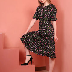 Black Printed Puff Sleeve Crepe Fit & Flare Midi Dress with Round Neck, Short Sleeves, Gathered Details, and Flared Hemline