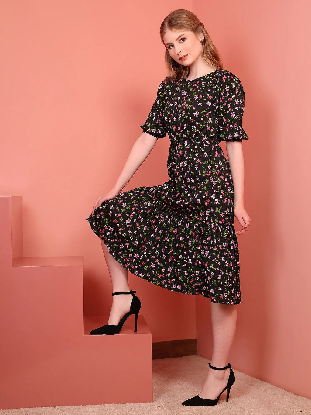 Black Printed Puff Sleeve Crepe Fit & Flare Midi Dress with Round Neck, Short Sleeves, Gathered Details, and Flared Hemline