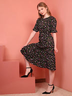 Black Printed Puff Sleeve Crepe Fit & Flare Midi Dress with Round Neck, Short Sleeves, Gathered Details, and Flared Hemline