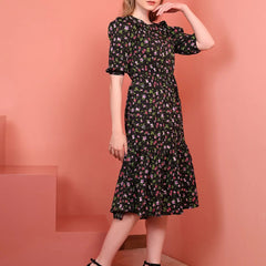 Black Printed Puff Sleeve Crepe Fit & Flare Midi Dress with Round Neck, Short Sleeves, Gathered Details, and Flared Hemline