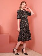 Black Printed Puff Sleeve Crepe Fit & Flare Midi Dress with Round Neck, Short Sleeves, Gathered Details, and Flared Hemline