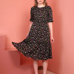 Black Printed Puff Sleeve Crepe Fit & Flare Midi Dress with Round Neck, Short Sleeves, Gathered Details, and Flared Hemline
