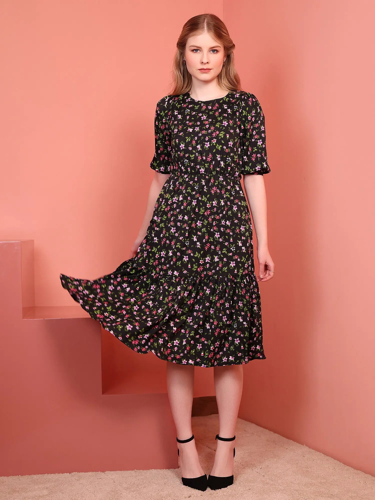 Black Printed Puff Sleeve Crepe Fit & Flare Midi Dress with Round Neck, Short Sleeves, Gathered Details, and Flared Hemline Main image