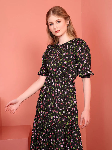 Black Printed Puff Sleeve Crepe Fit & Flare Midi Dress with Round Neck, Short Sleeves, Gathered Details, and Flared Hemline
