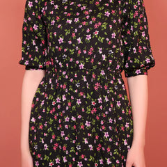 Black Printed Puff Sleeve Crepe Fit & Flare Midi Dress with Round Neck, Short Sleeves, Gathered Details, and Flared Hemline