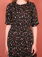 Black Printed Puff Sleeve Crepe Fit & Flare Midi Dress with Round Neck, Short Sleeves, Gathered Details, and Flared Hemline