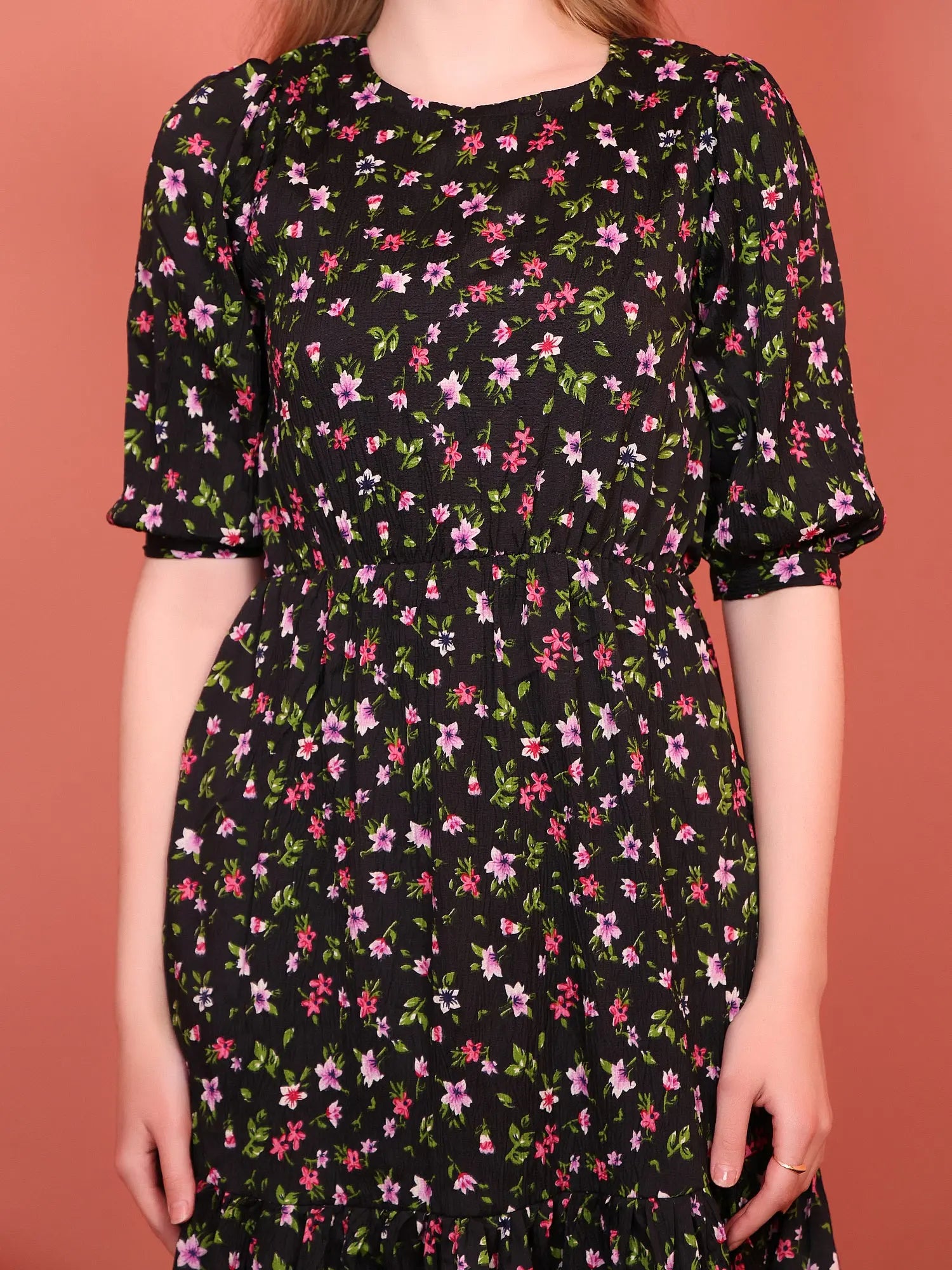 Black Printed Puff Sleeve Crepe Fit & Flare Midi Dress with Round Neck, Short Sleeves, Gathered Details, and Flared Hemline