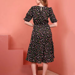 Black Printed Puff Sleeve Crepe Fit & Flare Midi Dress with Round Neck, Short Sleeves, Gathered Details, and Flared Hemline