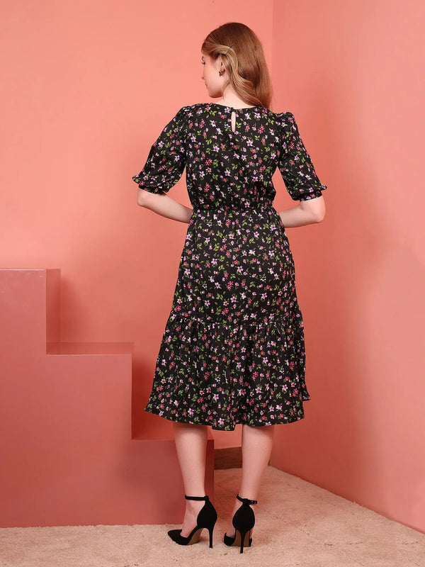 Black Printed Puff Sleeve Crepe Fit & Flare Midi Dress with Round Neck, Short Sleeves, Gathered Details, and Flared Hemline
