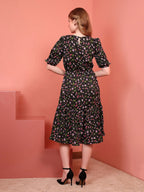 Black Printed Puff Sleeve Crepe Fit & Flare Midi Dress with Round Neck, Short Sleeves, Gathered Details, and Flared Hemline