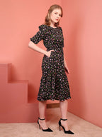 Black Printed Puff Sleeve Crepe Fit & Flare Midi Dress with Round Neck, Short Sleeves, Gathered Details, and Flared Hemline