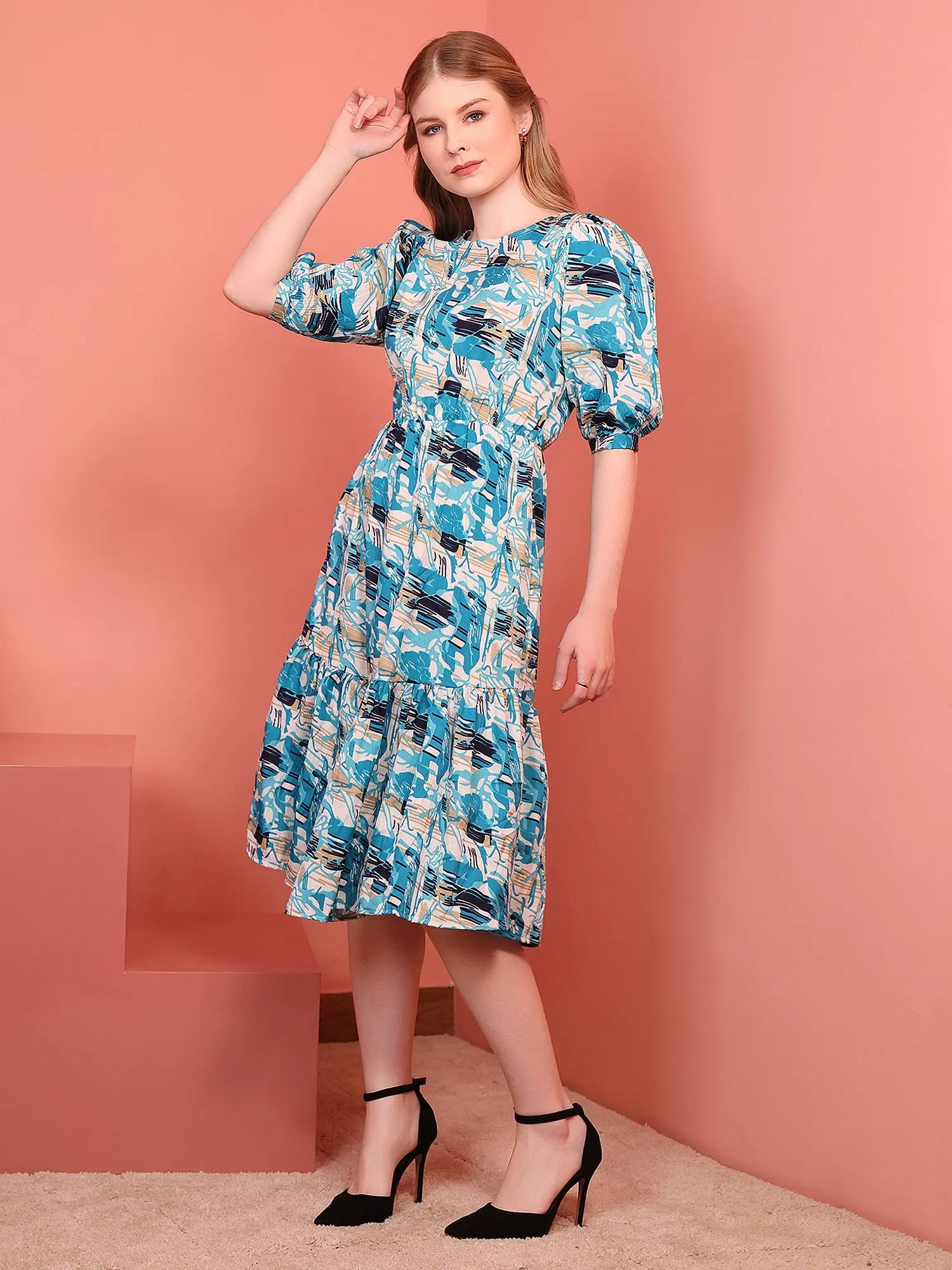 Teal Blue Printed Puff Sleeve Crepe Fit & Flare Midi Dress with Round Neck, Short Sleeves, Gathered Details, and Flared Hemline Main image
