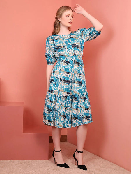 Teal Blue Printed Puff Sleeve Crepe Fit & Flare Midi Dress with Round Neck, Short Sleeves, Gathered Details, and Flared Hemline