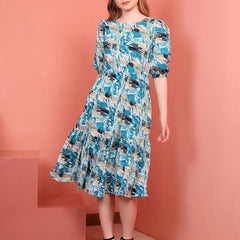 Teal Blue Printed Puff Sleeve Crepe Fit & Flare Midi Dress with Round Neck, Short Sleeves, Gathered Details, and Flared Hemline