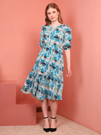 Teal Blue Printed Puff Sleeve Crepe Fit & Flare Midi Dress with Round Neck, Short Sleeves, Gathered Details, and Flared Hemline