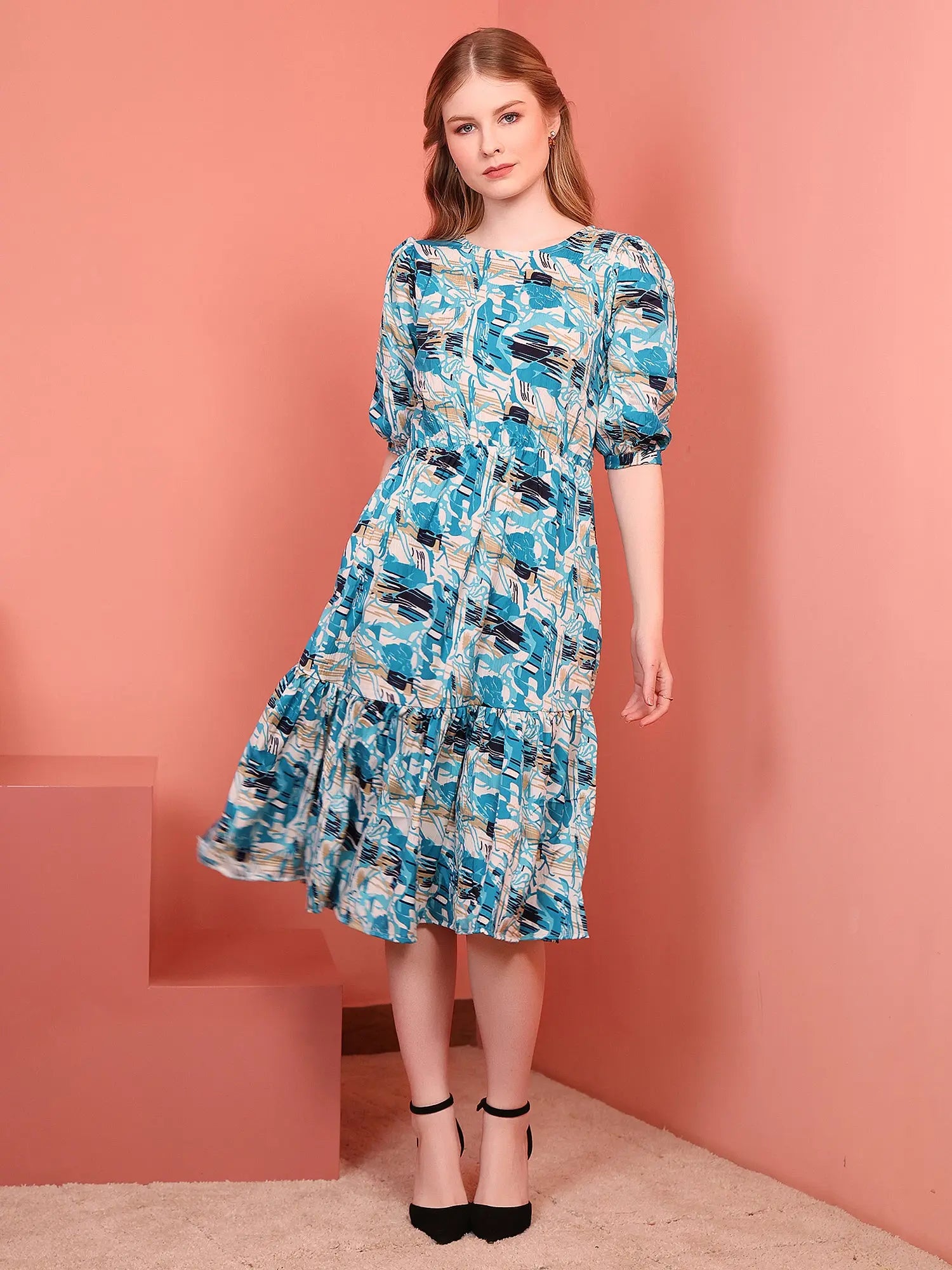 Teal Blue Printed Puff Sleeve Crepe Fit & Flare Midi Dress with Round Neck, Short Sleeves, Gathered Details, and Flared Hemline