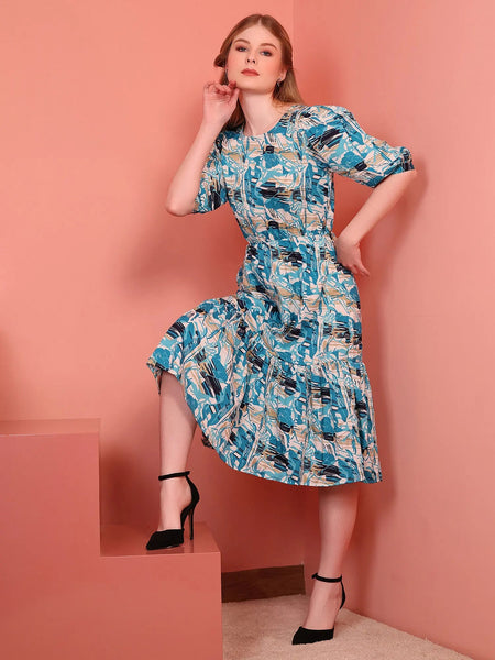 Teal Blue Printed Puff Sleeve Crepe Fit & Flare Midi Dress with Round Neck, Short Sleeves, Gathered Details, and Flared Hemline