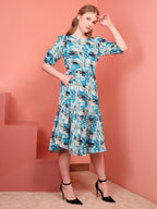 Teal Blue Printed Puff Sleeve Crepe Fit & Flare Midi Dress with Round Neck, Short Sleeves, Gathered Details, and Flared Hemline
