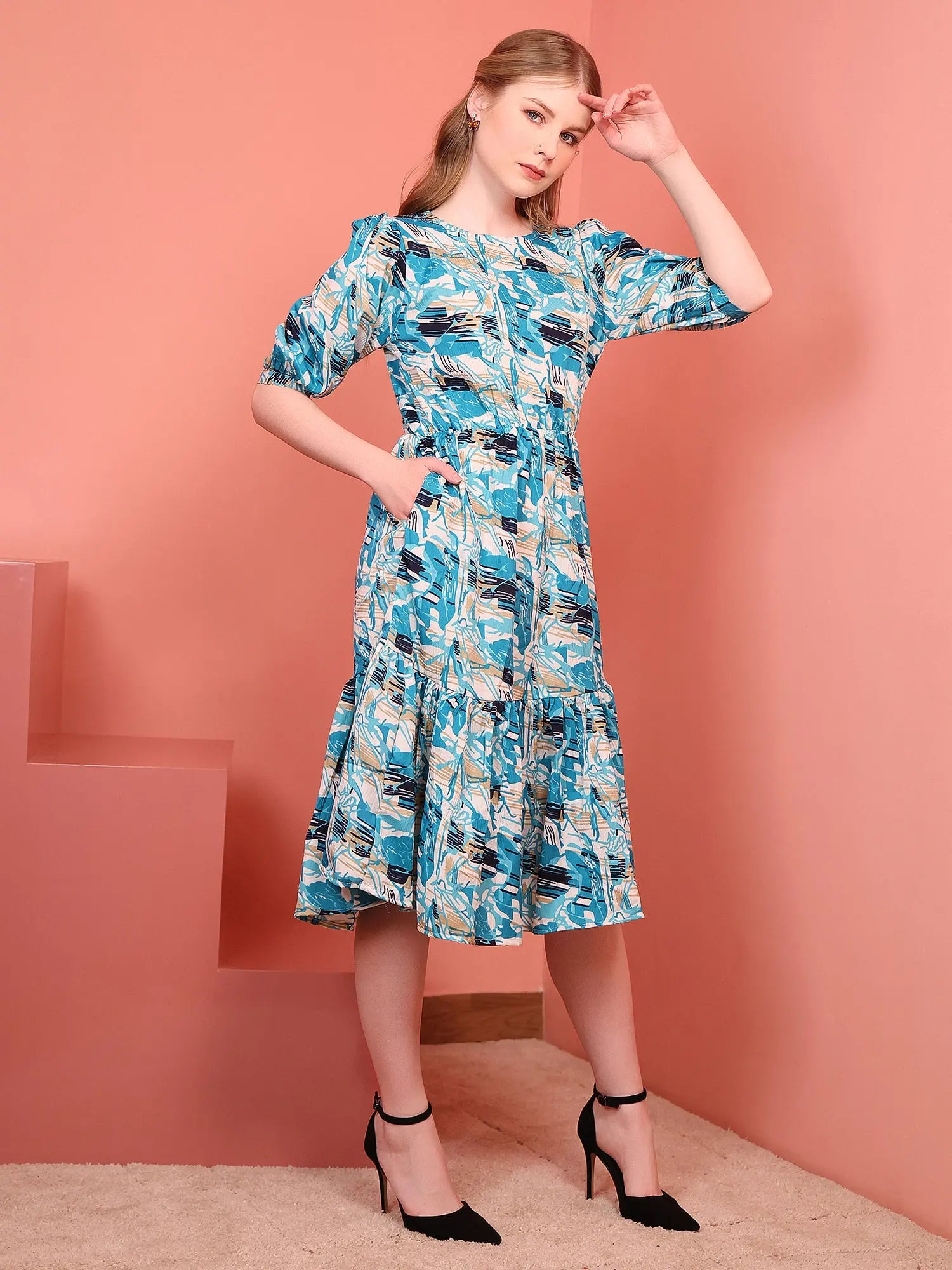 Teal Blue Printed Puff Sleeve Crepe Fit & Flare Midi Dress with Round Neck, Short Sleeves, Gathered Details, and Flared Hemline