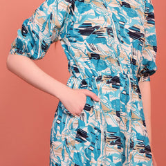 Teal Blue Printed Puff Sleeve Crepe Fit & Flare Midi Dress with Round Neck, Short Sleeves, Gathered Details, and Flared Hemline