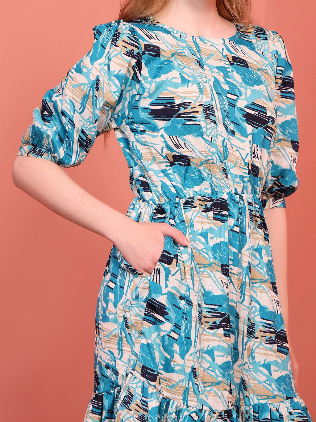 Teal Blue Printed Puff Sleeve Crepe Fit & Flare Midi Dress with Round Neck, Short Sleeves, Gathered Details, and Flared Hemline