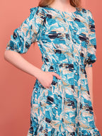 Teal Blue Printed Puff Sleeve Crepe Fit & Flare Midi Dress with Round Neck, Short Sleeves, Gathered Details, and Flared Hemline