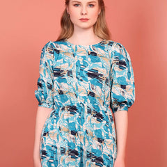 Teal Blue Printed Puff Sleeve Crepe Fit & Flare Midi Dress with Round Neck, Short Sleeves, Gathered Details, and Flared Hemline