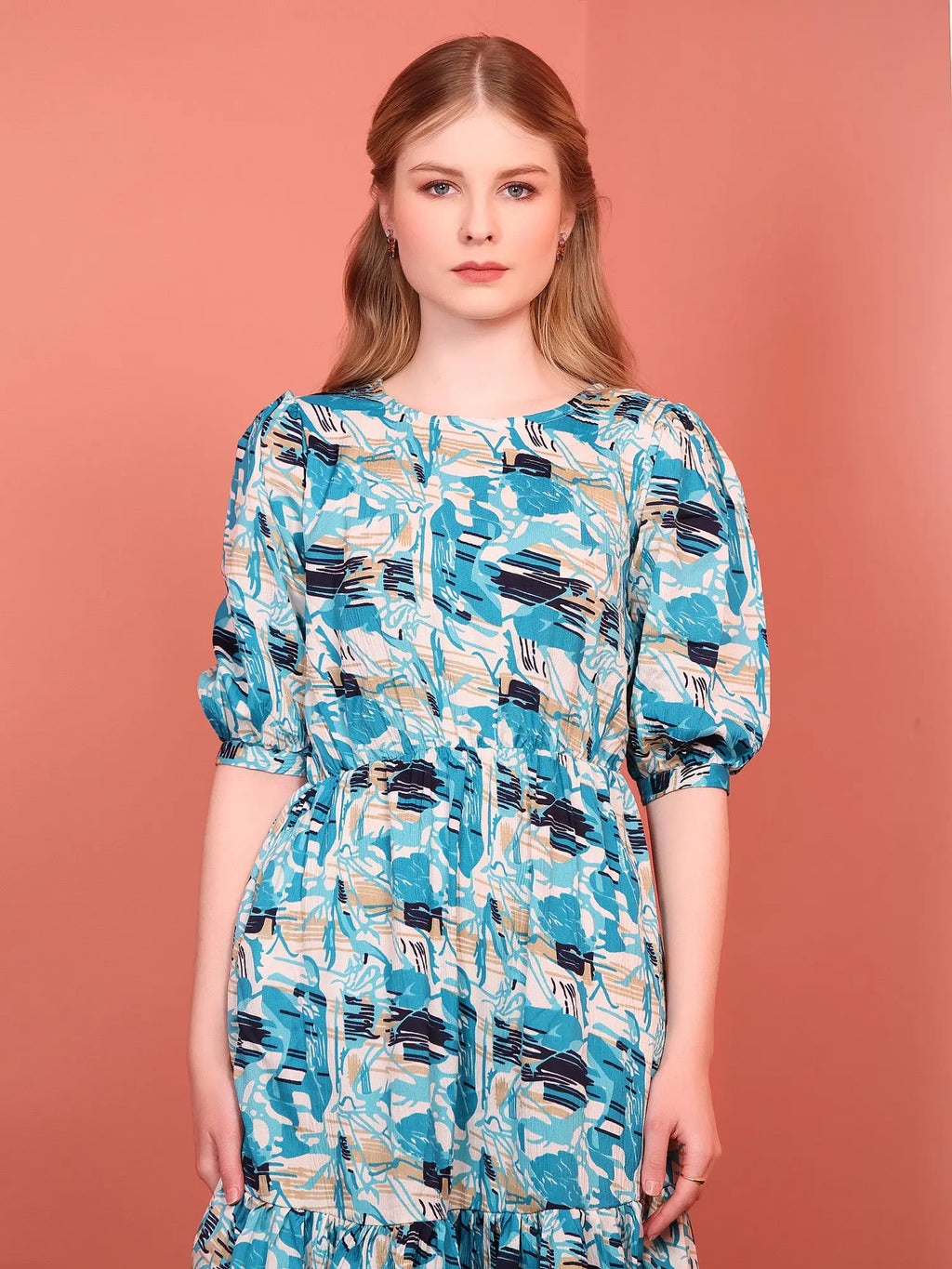 Teal Blue Printed Puff Sleeve Crepe Fit & Flare Midi Dress with Round Neck, Short Sleeves, Gathered Details, and Flared Hemline