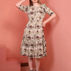 Khaki Printed Puff Sleeve Crepe Fit & Flare Midi Dress with Round Neck, Short Sleeves, Gathered Details, and Flared Hemline