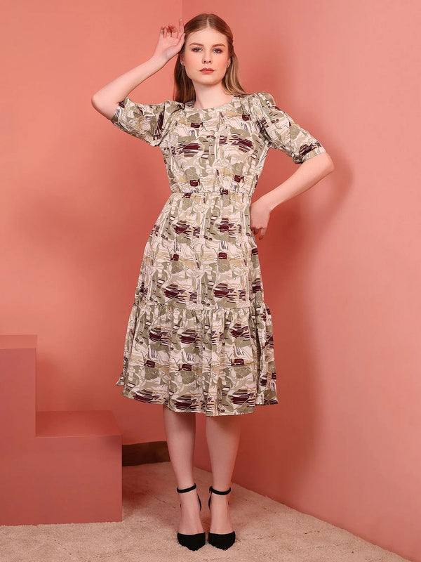 Khaki Printed Puff Sleeve Crepe Fit & Flare Midi Dress with Round Neck, Short Sleeves, Gathered Details, and Flared Hemline