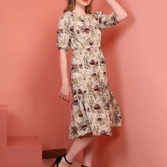 Khaki Printed Puff Sleeve Crepe Fit & Flare Midi Dress with Round Neck, Short Sleeves, Gathered Details, and Flared Hemline