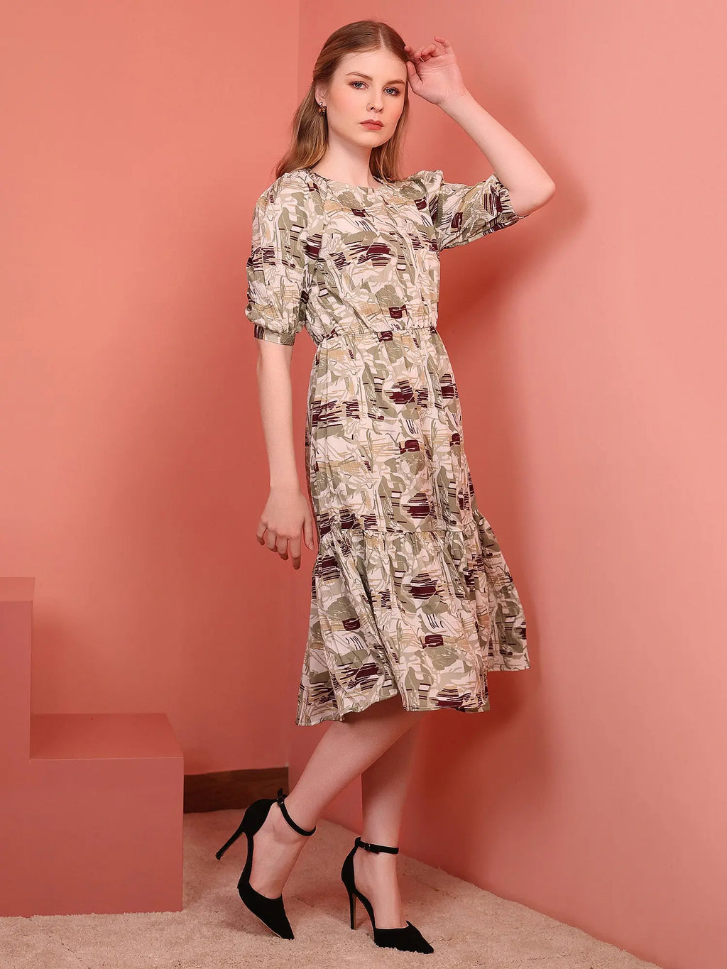 Khaki Printed Puff Sleeve Crepe Fit & Flare Midi Dress with Round Neck, Short Sleeves, Gathered Details, and Flared Hemline