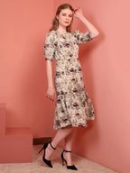 Khaki Printed Puff Sleeve Crepe Fit & Flare Midi Dress with Round Neck, Short Sleeves, Gathered Details, and Flared Hemline