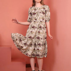 Khaki Printed Puff Sleeve Crepe Fit & Flare Midi Dress with Round Neck, Short Sleeves, Gathered Details, and Flared Hemline