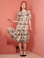 Khaki Printed Puff Sleeve Crepe Fit & Flare Midi Dress with Round Neck, Short Sleeves, Gathered Details, and Flared Hemline