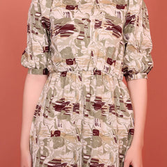 Khaki Printed Puff Sleeve Crepe Fit & Flare Midi Dress with Round Neck, Short Sleeves, Gathered Details, and Flared Hemline