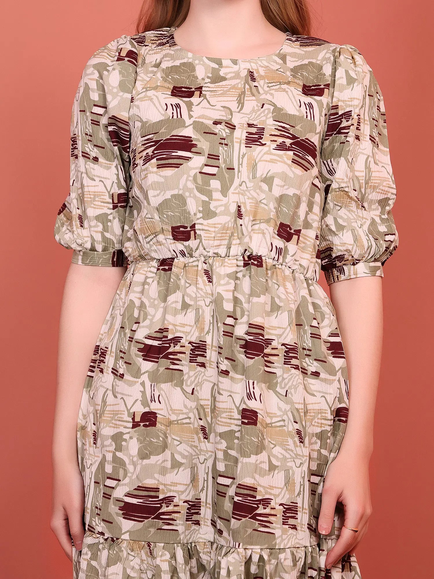 Khaki Printed Puff Sleeve Crepe Fit & Flare Midi Dress with Round Neck, Short Sleeves, Gathered Details, and Flared Hemline