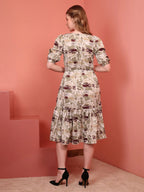 Khaki Printed Puff Sleeve Crepe Fit & Flare Midi Dress with Round Neck, Short Sleeves, Gathered Details, and Flared Hemline