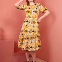 Yellow Printed Puff Sleeve Crepe Fit & Flare Midi Dress with Round Neck, Short Sleeves, Gathered Details, and Flared Hemline