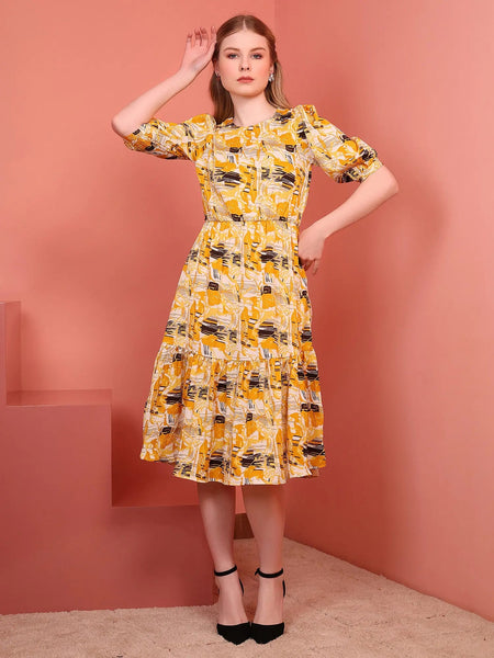 Yellow Printed Puff Sleeve Crepe Fit & Flare Midi Dress with Round Neck, Short Sleeves, Gathered Details, and Flared Hemline