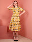 Yellow Printed Puff Sleeve Crepe Fit & Flare Midi Dress with Round Neck, Short Sleeves, Gathered Details, and Flared Hemline