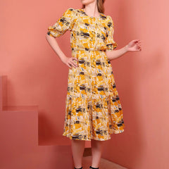 Yellow Printed Puff Sleeve Crepe Fit & Flare Midi Dress with Round Neck, Short Sleeves, Gathered Details, and Flared Hemline