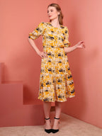 Yellow Printed Puff Sleeve Crepe Fit & Flare Midi Dress with Round Neck, Short Sleeves, Gathered Details, and Flared Hemline