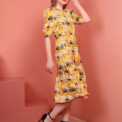 Yellow Printed Puff Sleeve Crepe Fit & Flare Midi Dress with Round Neck, Short Sleeves, Gathered Details, and Flared Hemline