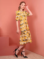 Yellow Printed Puff Sleeve Crepe Fit & Flare Midi Dress with Round Neck, Short Sleeves, Gathered Details, and Flared Hemline