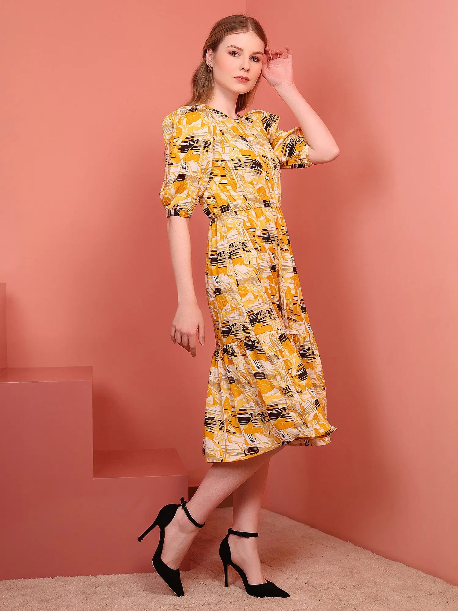 Yellow Printed Puff Sleeve Crepe Fit & Flare Midi Dress with Round Neck, Short Sleeves, Gathered Details, and Flared Hemline