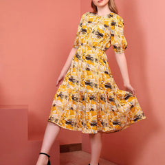 Yellow Printed Puff Sleeve Crepe Fit & Flare Midi Dress with Round Neck, Short Sleeves, Gathered Details, and Flared Hemline