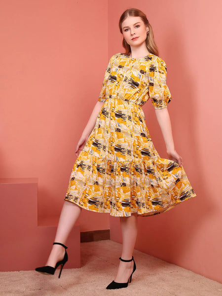 Yellow Printed Puff Sleeve Crepe Fit & Flare Midi Dress with Round Neck, Short Sleeves, Gathered Details, and Flared Hemline